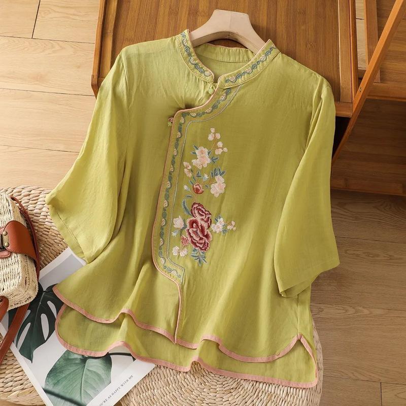 Women's Ethnic Embroidered Chinese Style Cotton-Linen Shirt with Frog Buttons and Seven Sleeves