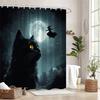 1 Black Cat And Full Moon Shower Curtain - Realistic Yellow-Eyed Cat And Witch Silhouette, Polyester Fabric, Machine Washable