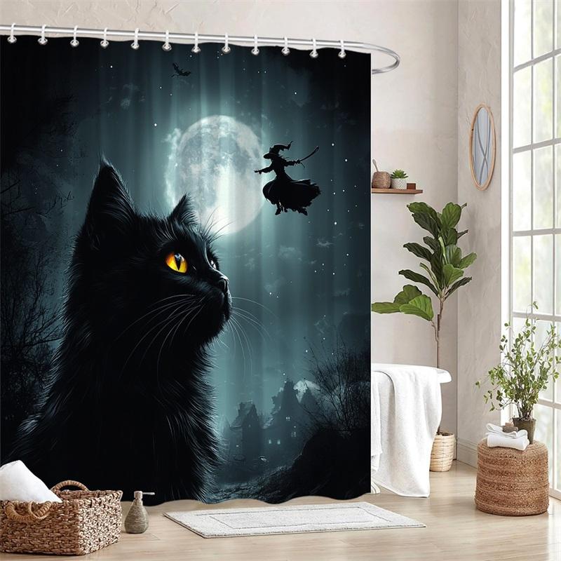 1 Black Cat And Full Moon Shower Curtain - Realistic Yellow-Eyed Cat And Witch Silhouette, Polyester Fabric, Machine Washable