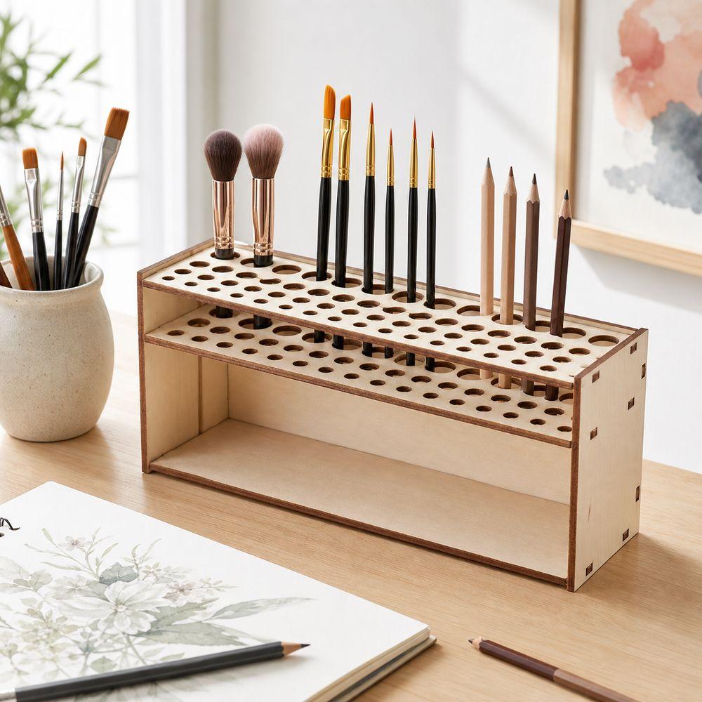 Multi Hole Paintbrush Organizer Wooden Brush Storage Rack New Pencil Holder Desk Organization