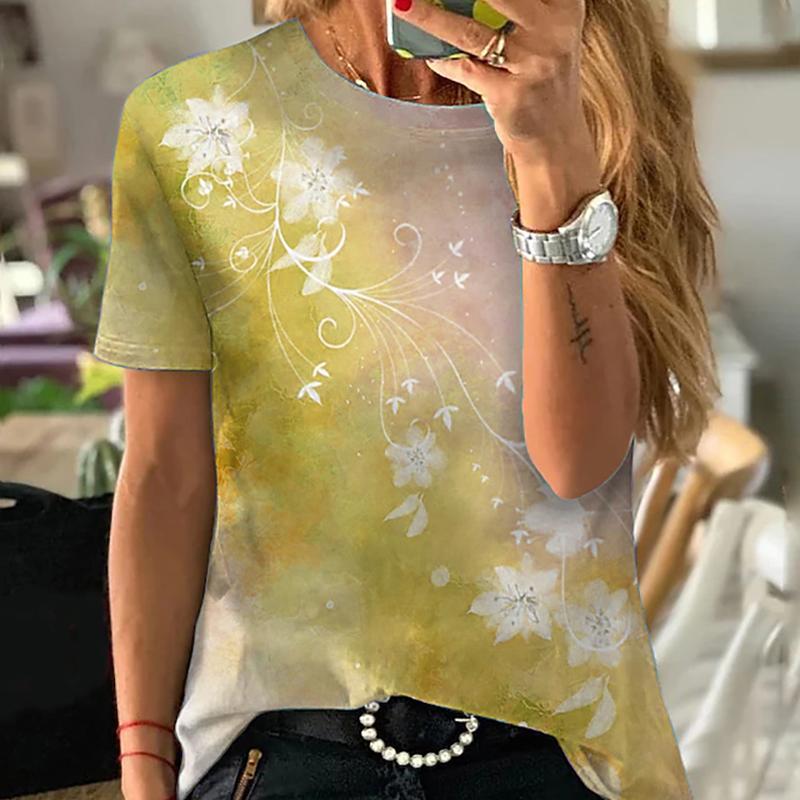 Damen Sommer T-Shirt Trend Blumendruck Retro Mode Kurzarm Tees Lässig Bedruckte Oberteile