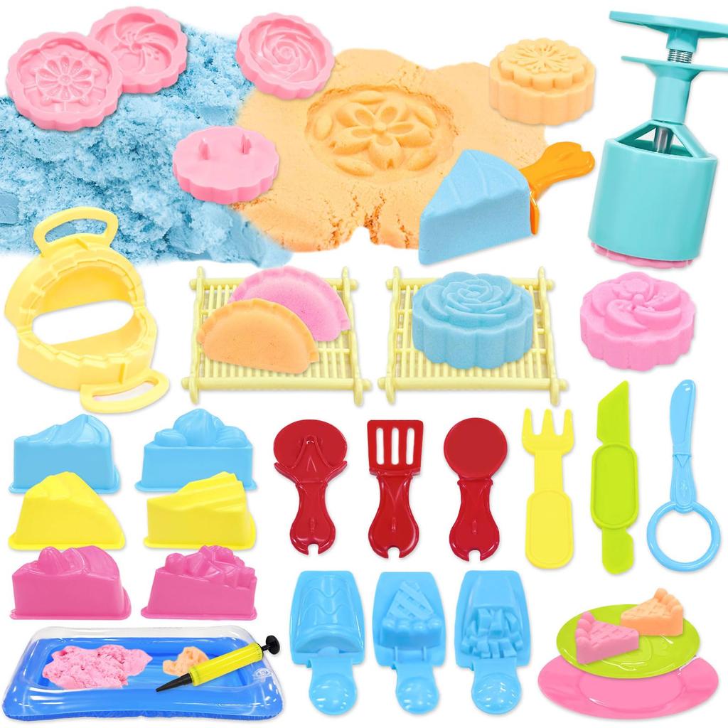VBACALA Silky Sand 38PCS Sandbox Sand for Indoor Colorful Sand Japanese Cake Bamboo Case No Sand Sandbox Gift Set, Play, Clay, Sweets, Classic, Mold,