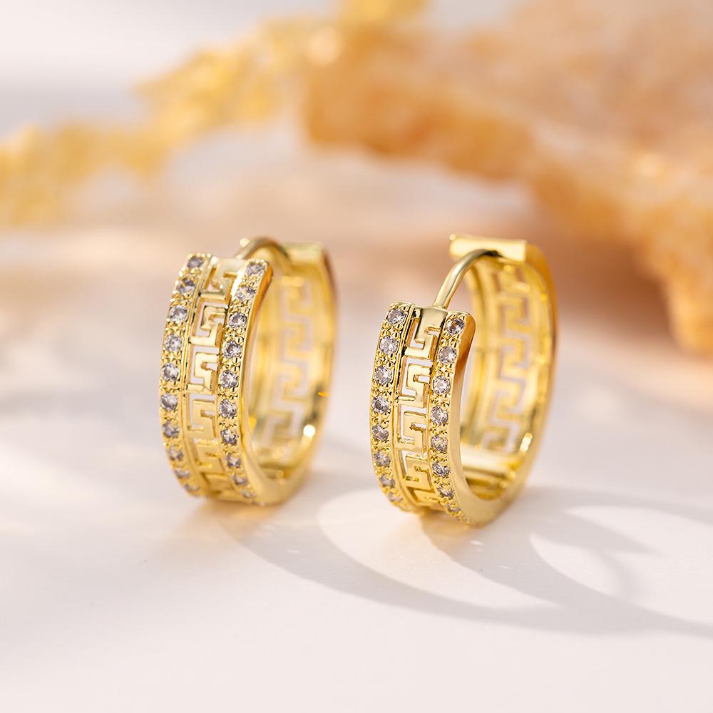 Resort-Style Retro Zircon Double Row Hollow Ear Cuff Earrings - Chinese Fashion Exquisite Design 14k