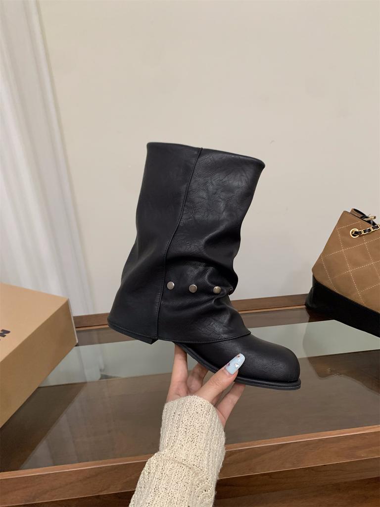 Heel Black Martin Boots Women's Boots New Spring and Autumn Locomotive Medium Boots Pants Boots with Skirt Short Boots