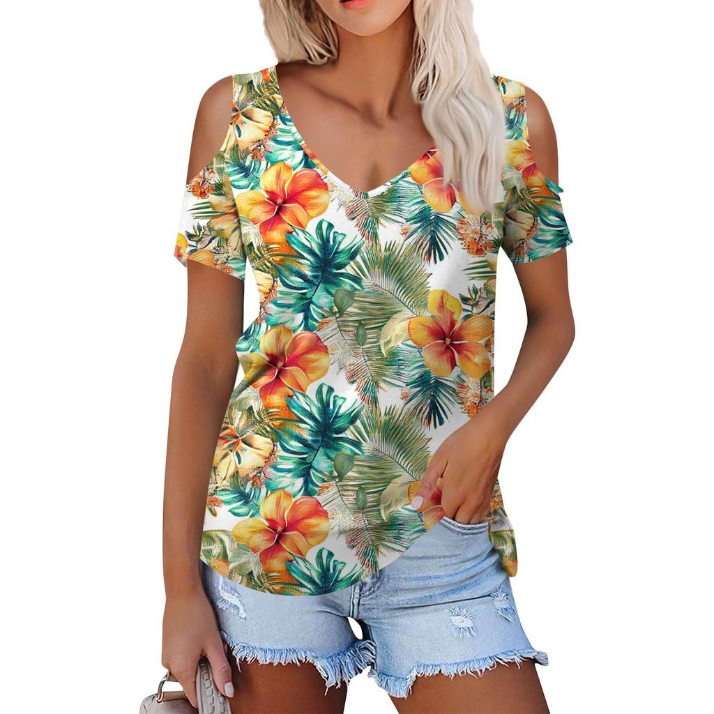 Women's Summer Fashion Casual Floral Printed Strapless V-Neck Short Sleeve T-Shirt Top
