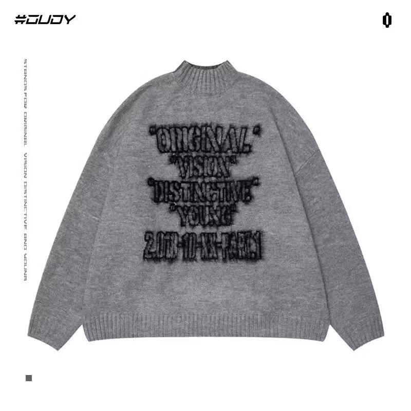 Men s Grey Half-High Neck Sweater - Autumn/Winter 2025 Letter Jacquard Knitwear L
