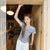Korean striped contrasting color embroidered short-sleeved t-shirt women's summer new loose and thin niche design top