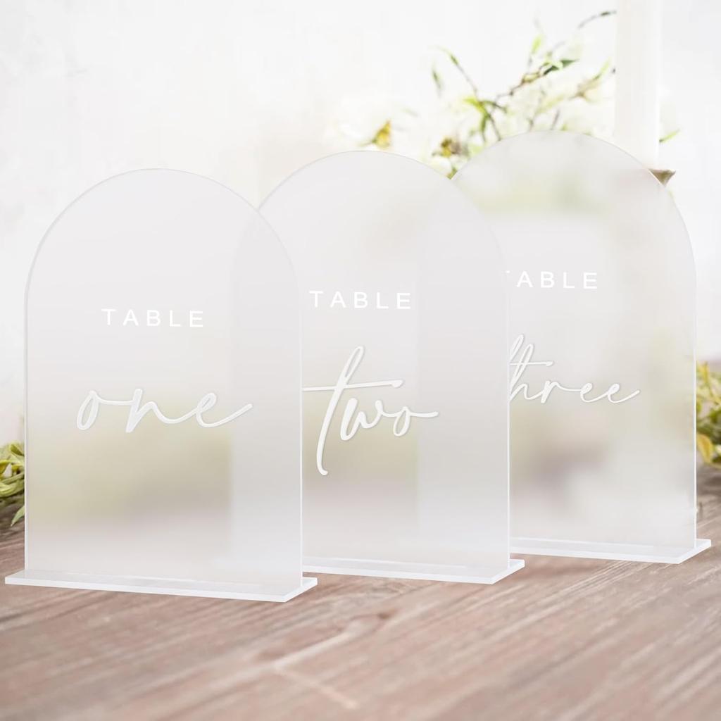 Frosted Arched Wedding Table Numbers 1-10 with Stands, 5x7 Inch Acrylic Arch with White Numbers, 3D Acrylic Table Numbers for Wedding Reception