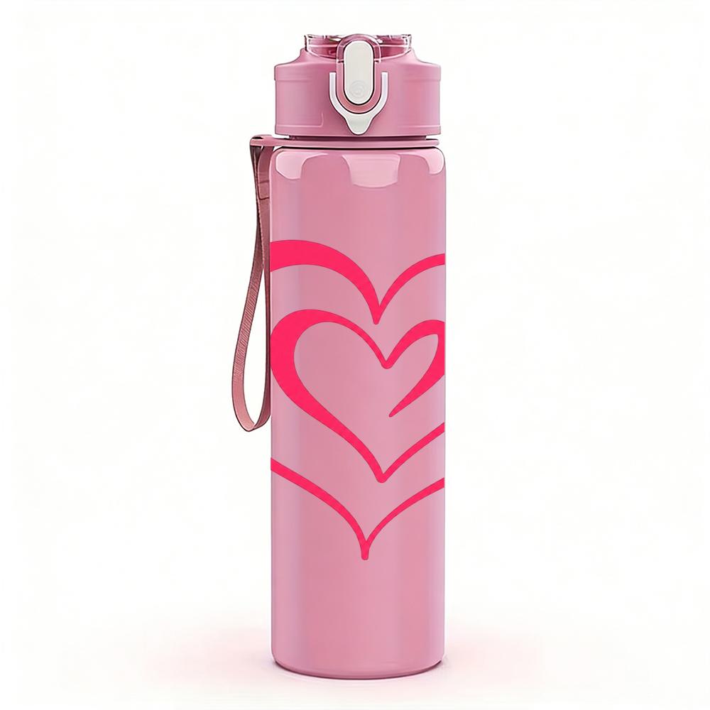 1PC Double Outline Pink Heart 750ml Color Plastic Sports Water Bottle Leakproof Flip Straw Lid Suitable for Sports Office Home Use