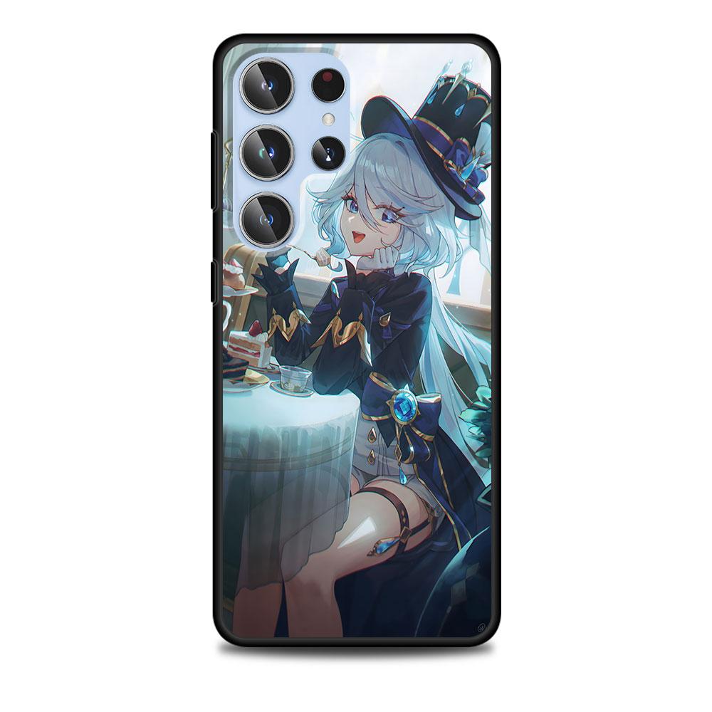 Cute Furina Genshin Impact Case for Samsung Galaxy S23 S21 S20 FE S24 S22 Ultra S10 S10e S9 Plus Soft Black TPU Phone Cover
