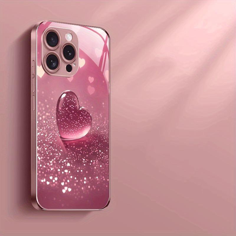 Růžové kovové tvrzené sklo s růžovým vzorem srdíček Pevný kryt na telefon Pro iPhone 17 16 15 14 13 12 11 Pro Max Plus 16E 17Air Kryt