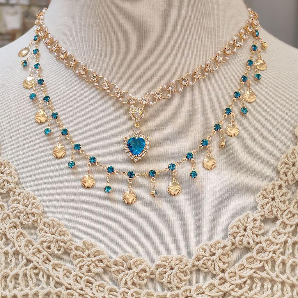 BLINGBAY Women's Pendant Necklace Blue Love Shell Original Design Double Layer Stacking Girl Princess Gold Charming Necklace Girl Birthday Gift