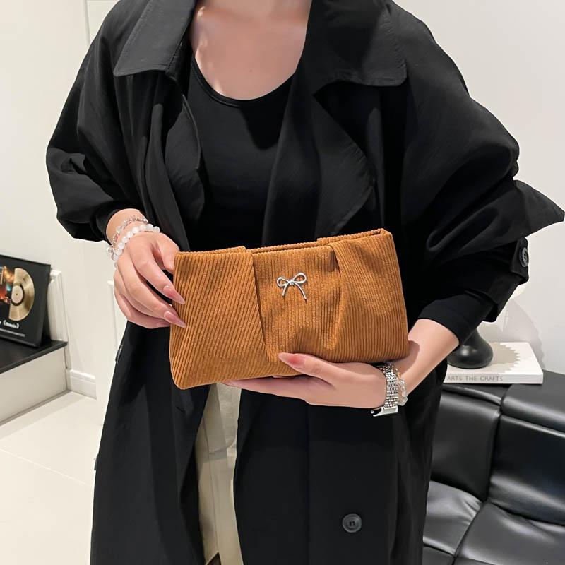 Yogodlns Fashionable Ins Embroidered Butterfly Knot Women's Clutch City Simple Style Corduroy Small Solid Color Purse
