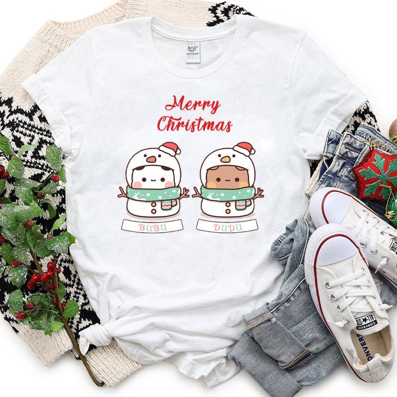 Kawaii SnowUnisex Bubu Dudu Christmas Graphic Tshirt Trendy Funny Cartoon Panda Printing Women Shirt Fashion Holiday Cotton Tees