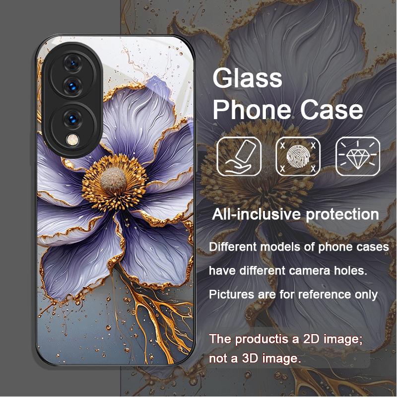 Luxury Lotus Marble Floral Pattern Tempered Glass Phone Case for Huawei Nova 13 12 11 10 SE Mate 70 60 50 ProPlus P60 P40 Cover