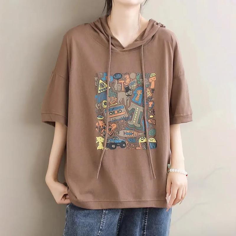

Футболка для женщин, летняя, большого размера, хлопковая футболка с капюшоном, мягкая, свободная, с принтом, повседневная, удобная, пуловер, футболка, топ XXXXL дубильная кора