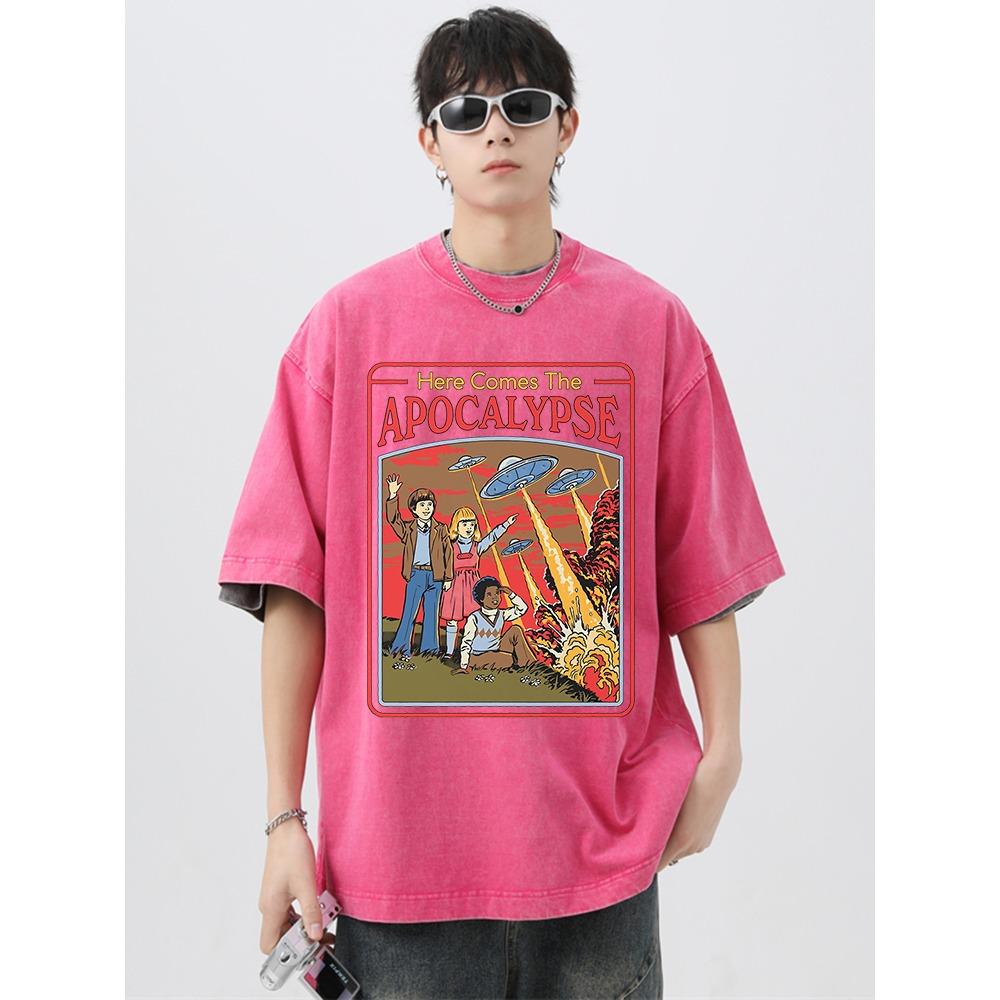 Here Comes The Apocalypse Ufo Washed Retro T-Shirt Men Fashion Cotton Clothes T-Shirts Oversized Street Casual Tops