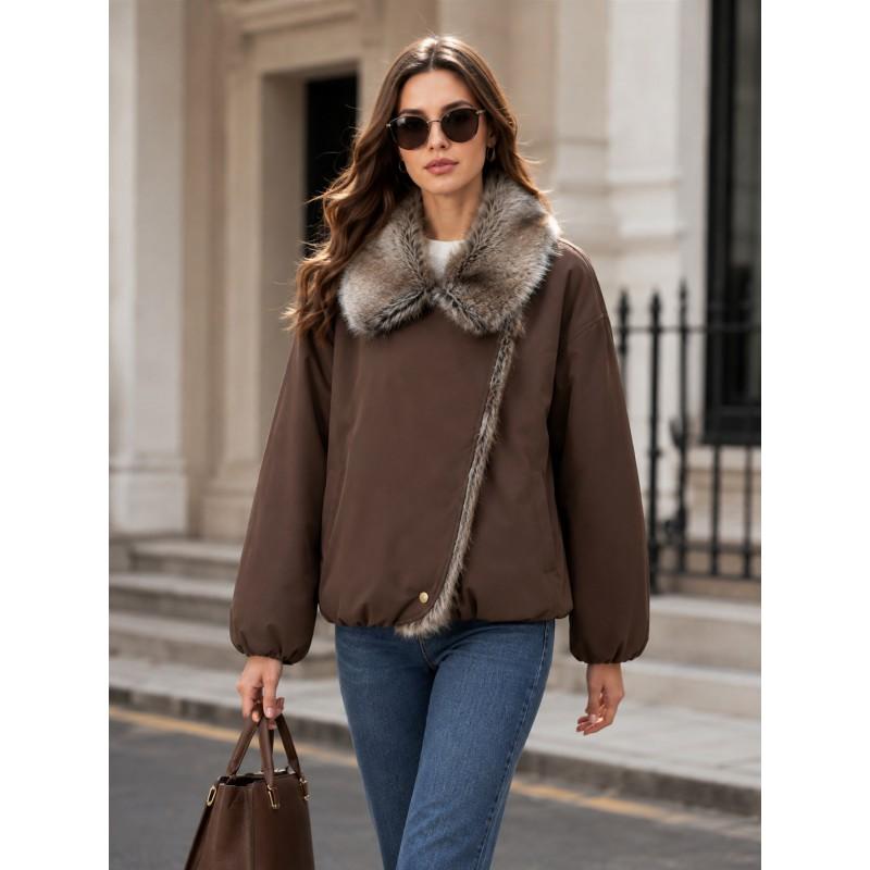 Womens Faux Fur Coat Short Puffer Jacket With Oversized Collar Warm Winter Outerwear Daily Wear