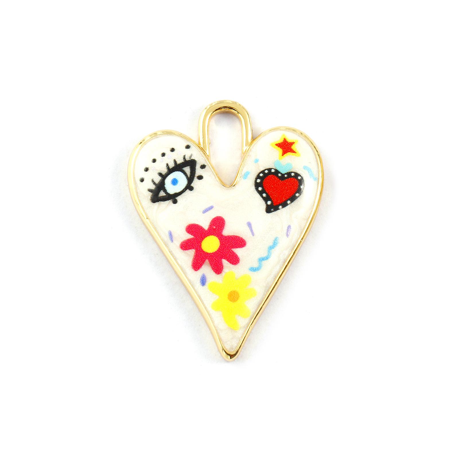 

1Piece Brass Valentine s Day Heart Pendants 18K Gold Plated Multicolor Enamel Eye Flower Printed Charms Necklace DIY 3.5cmx2.6cm