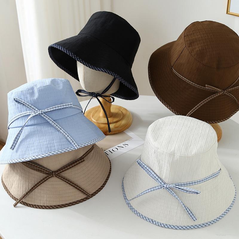 Small Fresh Plaid Bow Contrasting Color Bucket Hat Spring and Summer Travel Showing Face Small Bucket Hat Versatile Basin Hat Woman