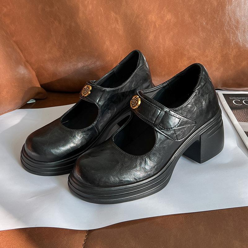 

Туфли Мэри Джейн на скрытой платформе для женщин, на липучке, с мелким вырезом, на толстой подошве, маленькие одинарные туфли для通勤, маленькие кожаные туфли, маленький размер 333 32 чёрный