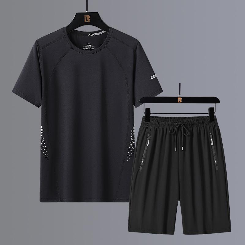 Short Sleeved Set for Men's Summer Thin Ice Silk Quick Drying T-shirt Two-piece Set of Shorts Sportswear