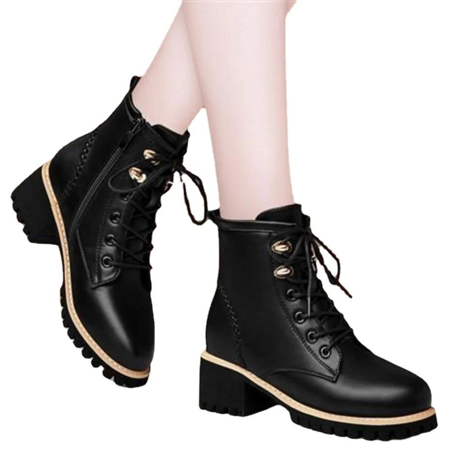 Boots Ankle New Autumn British Wind Genuine Leather Thick With Fur Ladies Short Boots Motorcycle Heels Boots Women Footwear
