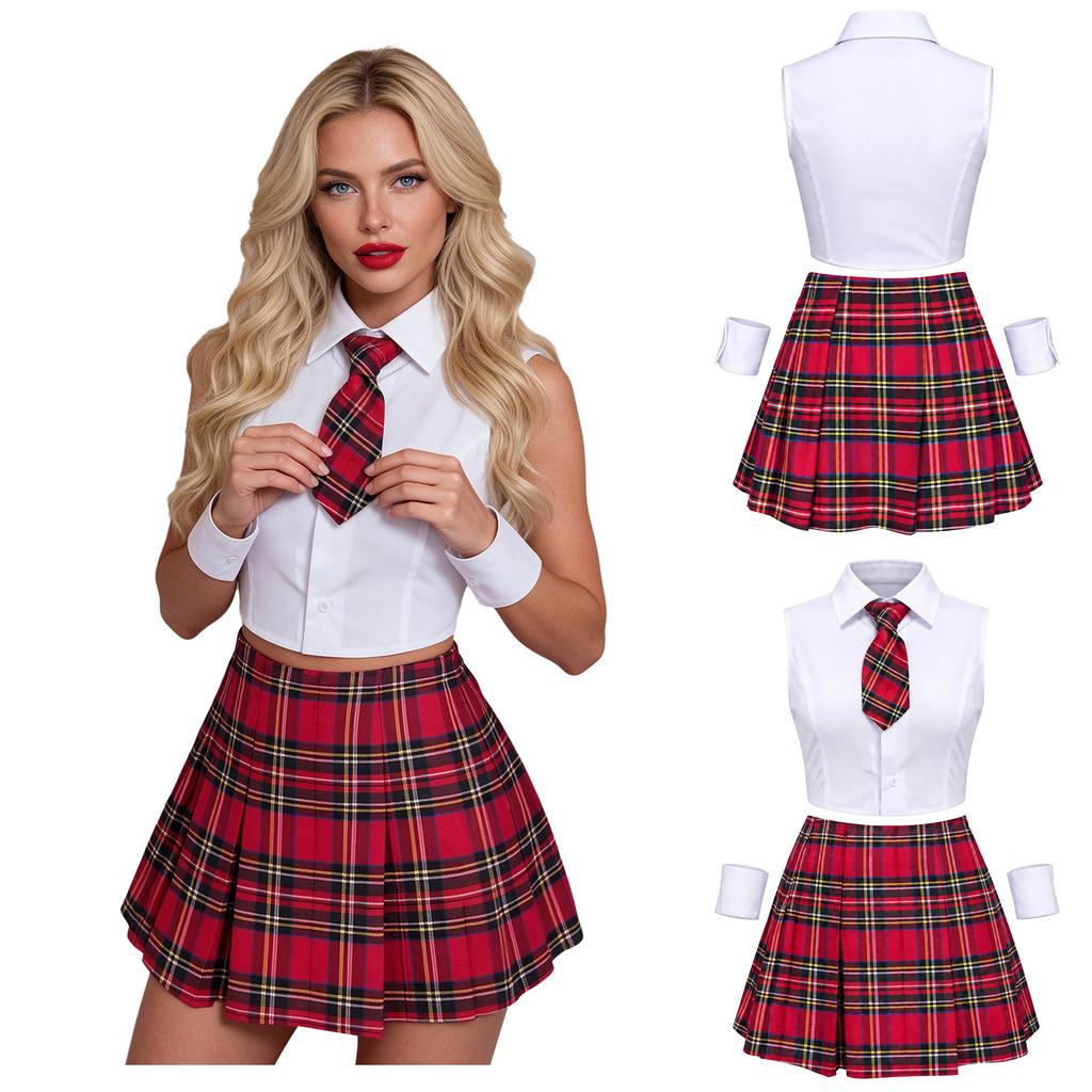 Women Schoolgirl Cosplay Costume Sleeveless Button Cropped Shirt Side Invisible Zip Plaid Skirt Tie Cuffs for Theme Party Halloween
