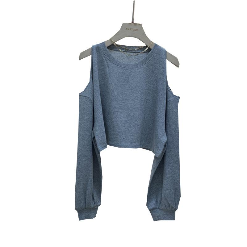 

Футболка с открытыми плечами и круглым вырезом, с длинными рукавами для женщин на осень и зиму, свободная однотонная повседневная базовая рубашка, корейская женская одежда 2XL серый