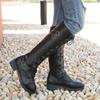 Damen Overknee-Stiefel aus Leder mit elastischem Stretch-Absatz und Nieten, Gürtelschnalle, quadratischer Absatz, runder Kopf zum Schnüren