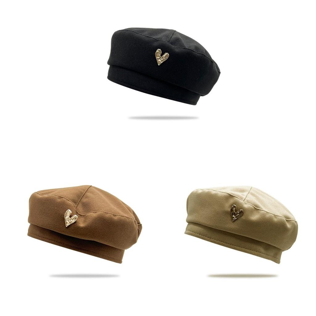 Love Metal Embellished Beret Solid Color Winter Octagonal Hat Outdoor Activities