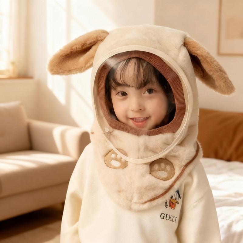 Thickened Winter-Spring Windproof Face Mask with Integrated Ear Flaps for Boys and Girls One-Piece Hooded Scarf
