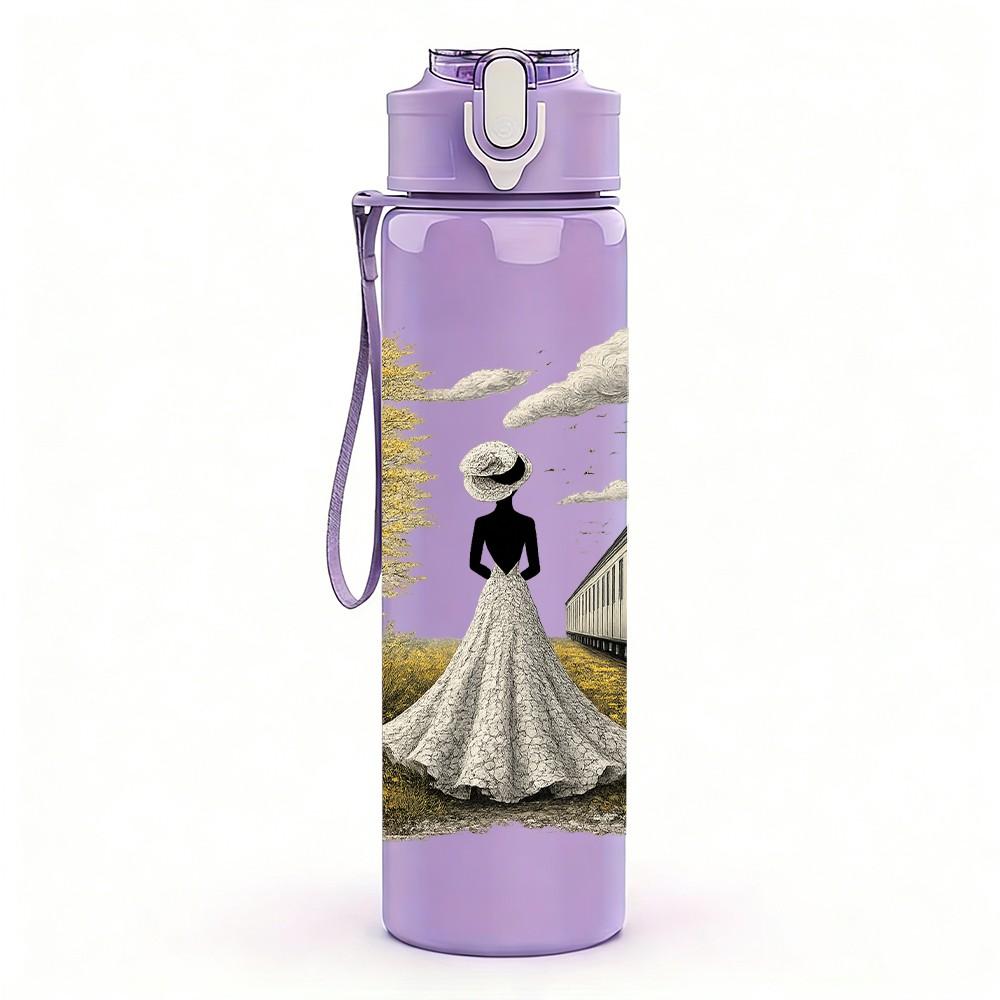 1PC Bride Girl Under Tree Train Scene Print 750ml Color Plastic Sports Water Bottle Leakproof Flip Straw Lid Suitable for Sports Office Home Use