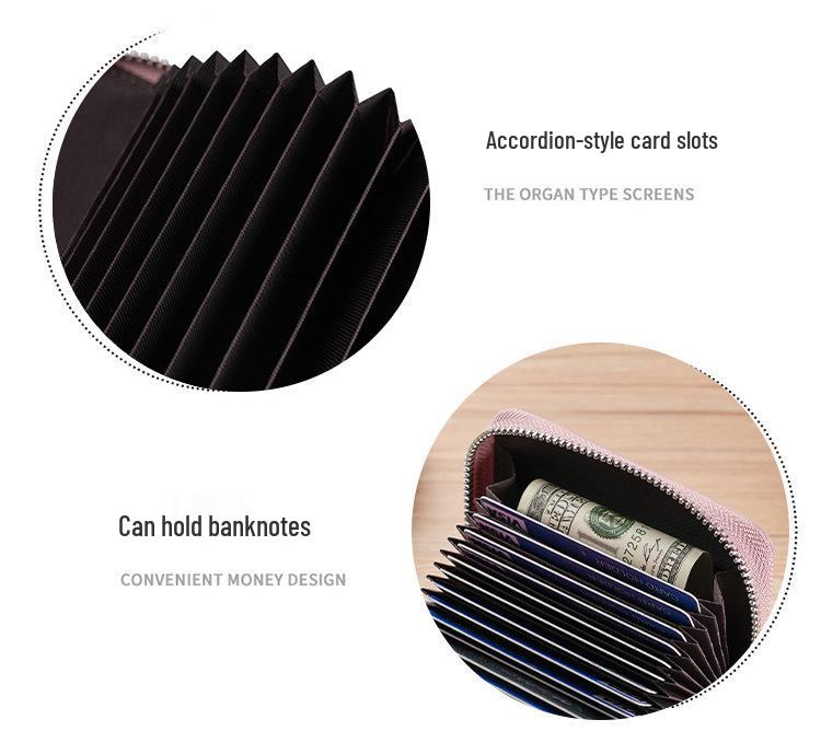 Women's Genuine Leather Zipper Card Holder - Anti-Demagnetization Multi-Slot Accordion Style