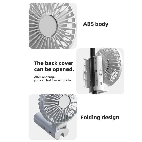 Umbrella Fan Strong Airflow Low Noise Foldable Design Handheld Personal Fan Hands-Free Clip-On Rechargeable Cooling Fan