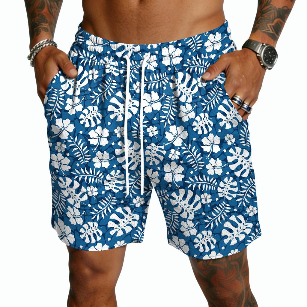 Mens Casual Drawstring Shorts Lightweight Quick Dry Five Inch Shorts with Elastic Waistband and Hawaiian Print for Summer Beachwear