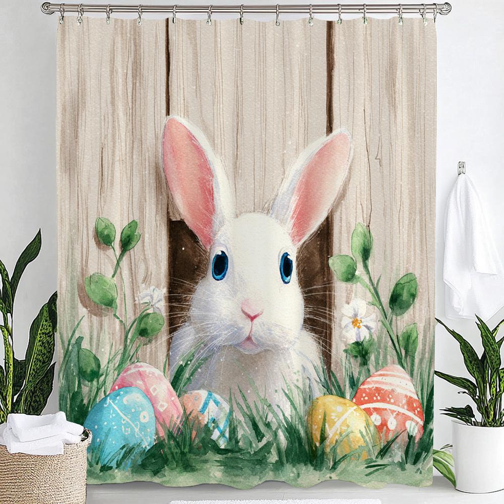 Easter Bunny Shower Curtain, Rustic, Cute, Eggs, Flowers Bathroom Decorative Curtain, Printed Fabric Shower Curtain With Hooks