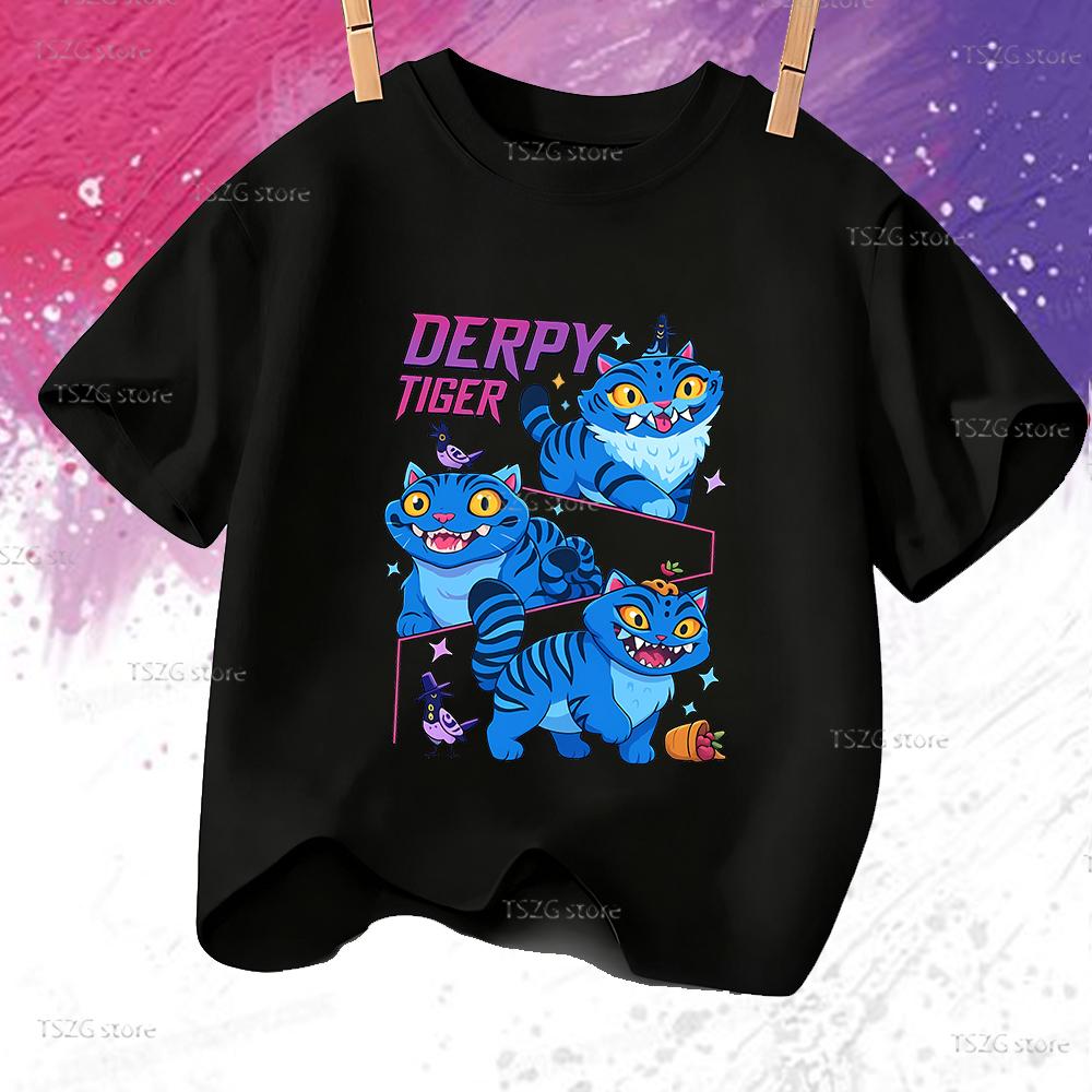 Summer Vintage KPop Demon Hunters Pet Tiger Cartoon Children T-Shirt Anime Short Sleeve Girl Boy Tee Shirt Cute Tops Kid Clothes
