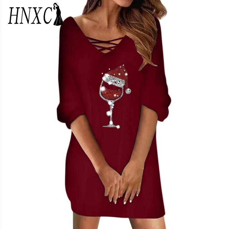 

HNXC Женская мода весна осень однотонный принт с длинным рукавом и v-образным вырезом с высокой талией повседневные платья XXXL бордовый