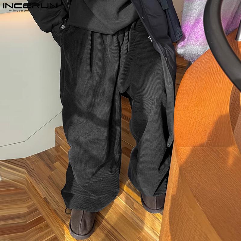 INCERUN Herren Elastischer Bund Solide Textur Lässige Weitbein Hosen