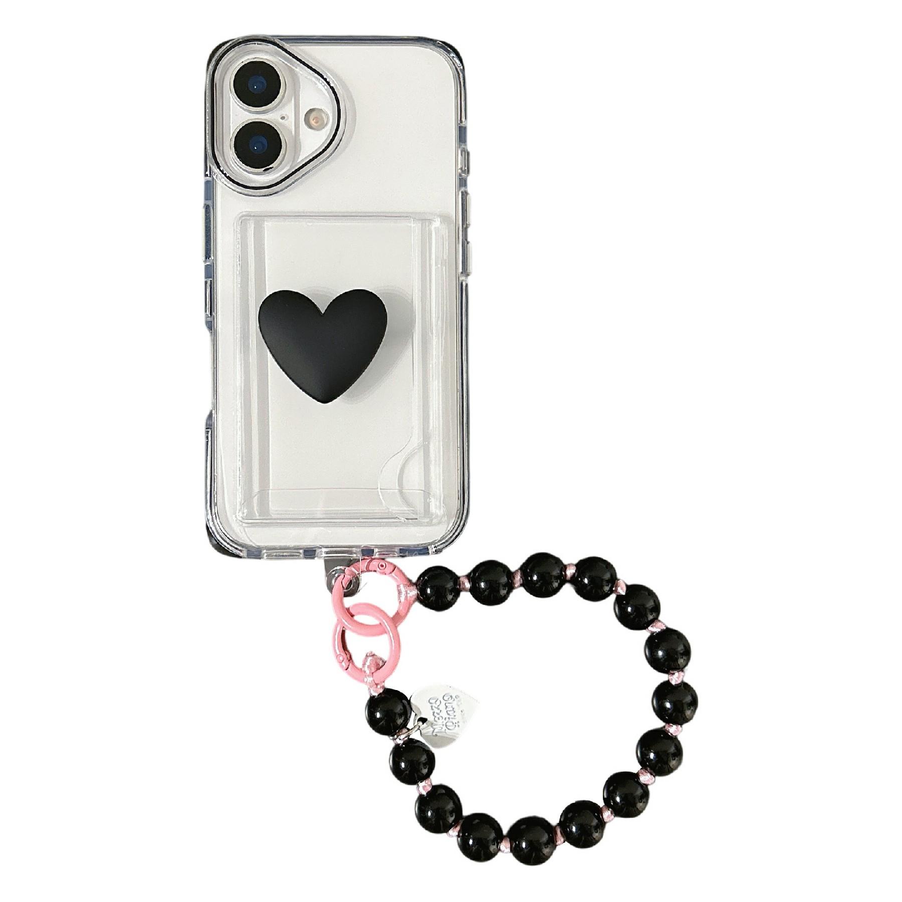 

For iPhone 16 Case Card Holder Transparent PC+TPU Shockproof Phone Cover with Beaded Wrist Strap Black