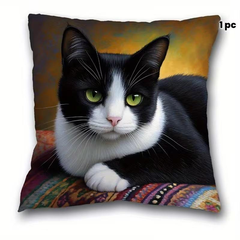 Colorful Bohemian Short Plush Pillowcase 45x45cm Adorable Kitten Living Room Bedroom Decor (Pillow Insert Not Included)