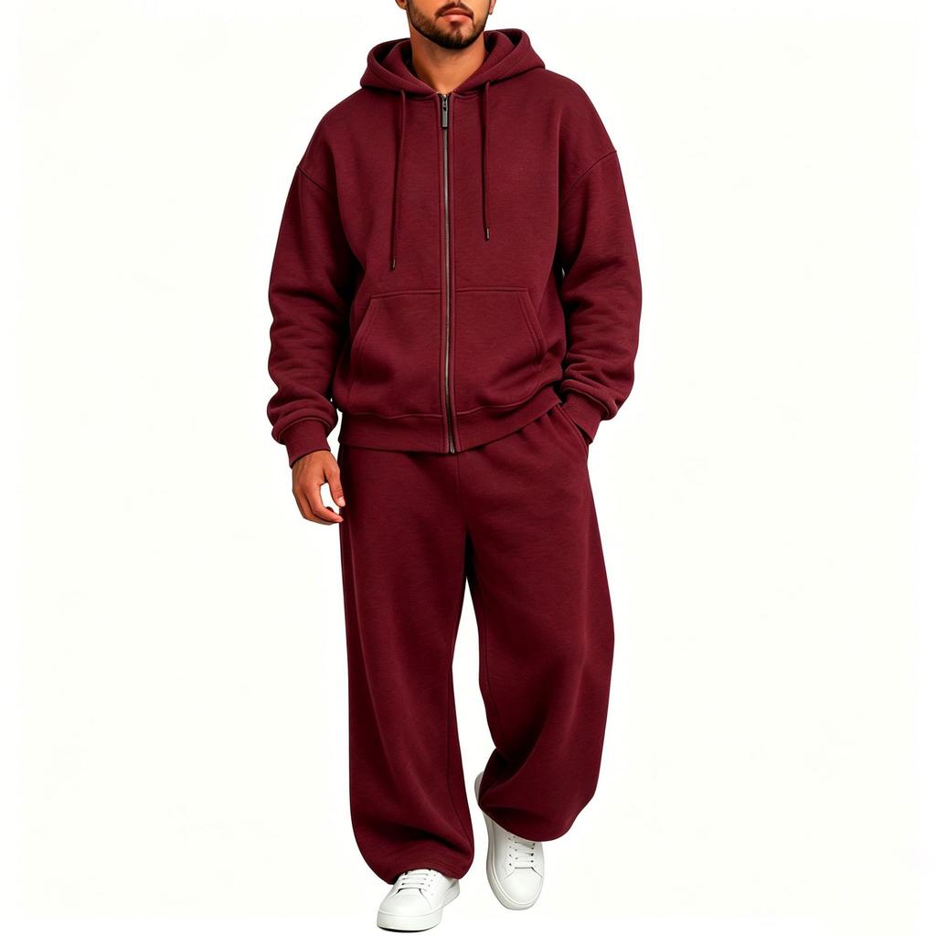 Men's Casual Tracksuit Set Hooded Full Zip Long Sleeve Hoodie Wide Leg Pants Solid Color
