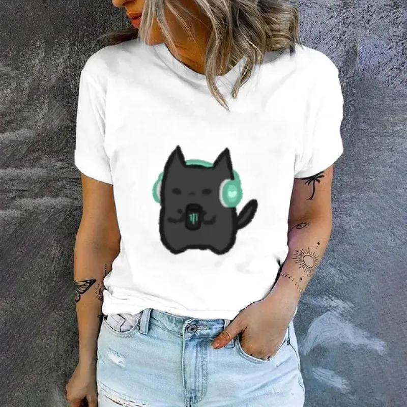 Tricou Elegant de Damă 2024 Fashion Imprimeu Model Pisici Tricou Popular de Damă cu Mânecă Scurtă Tricou de Vară Supradimensionat