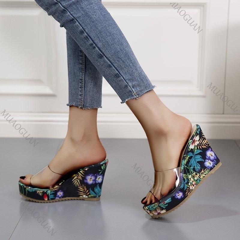 Fashion Printing Wedges High Heels Slippers for Women Gladiator Sexy PVC Transparent Peep Toe Ladies Slides Summer Retro Platform Sandal