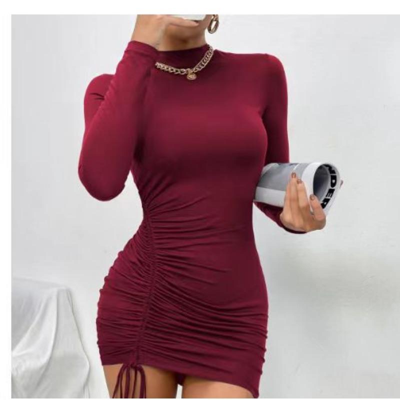 New Elegant Half Turtleneck Long Sleeved Drawstring Pleated Lace-up Dress Spring Autumn Bodycon Party Short Dress Female Solid Color Casual Clothing