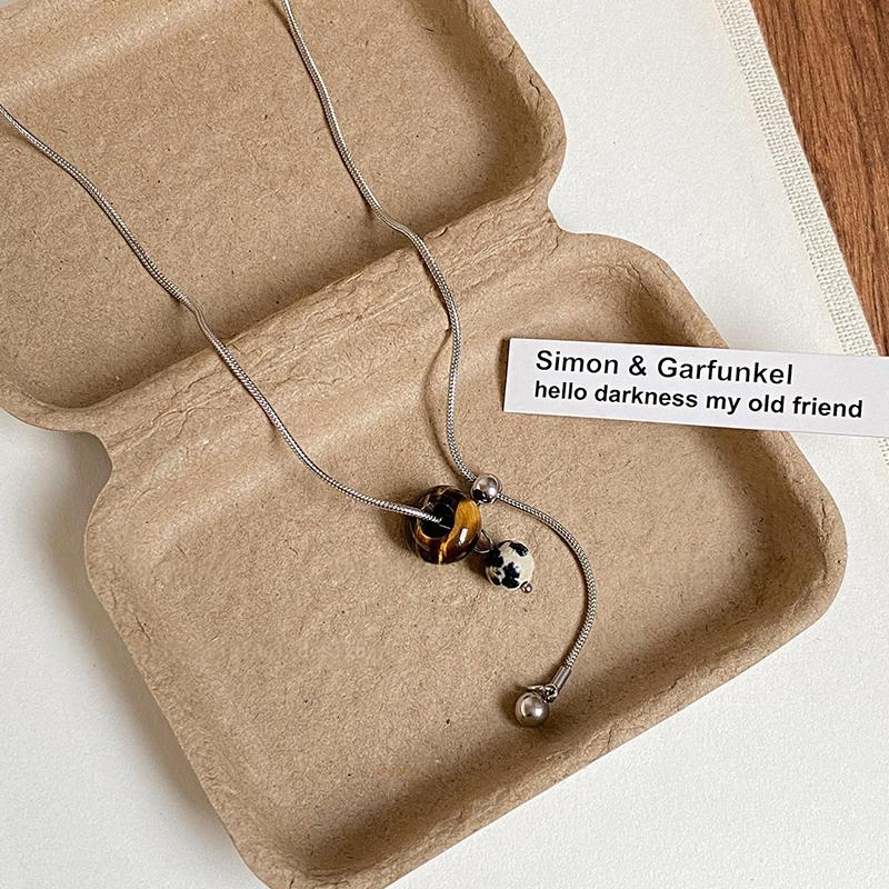 [HS][LA]1Pc Fashion Tiger Eye Stone Pendant Pull-Out Necklace For Women Long Sweater Chain Retro Jewelry Accessories