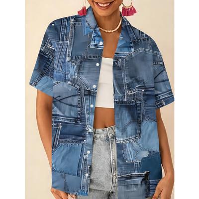 Women'S Retro Distressed Style Faux Denim Patchwork All-Over Print Short-Sleeved Shirt
