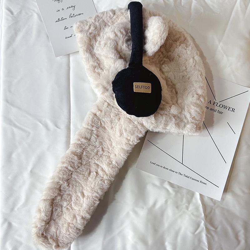 Women's Bear Earphones Hat: Warm Hooded Scarf with Plush Ear and Neck Protection for Autumn/Winter