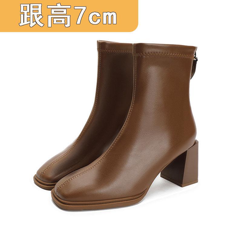 High-heeled short boots women's spring and autumn single boots 2024 autumn and winter new boots medium tube thick heel white bare boots square head th